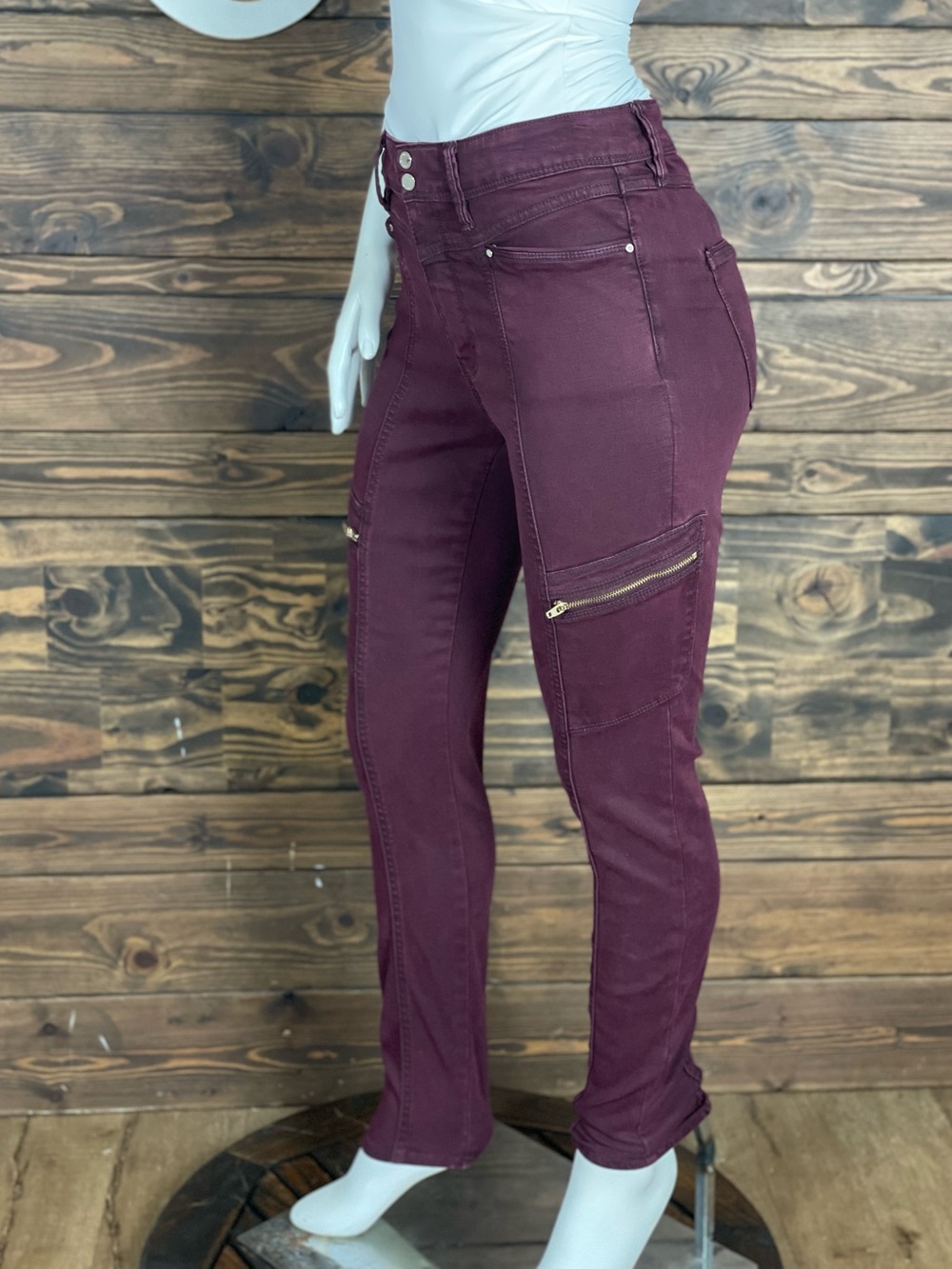WHBM | Everyday Soft Skinny Ankle Cargo Jean Pants Deep Wine Burgundy Color